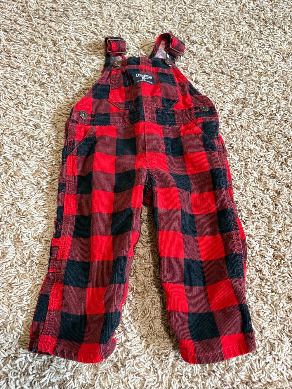 OshKosh B'gosh Red & Black Buffalo Plaid Corduroy Overalls Kids size 9 months